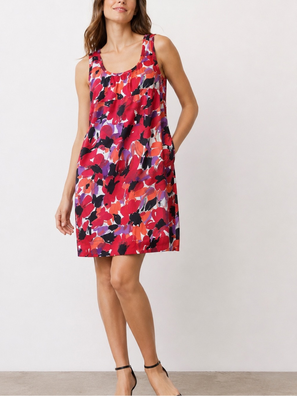 Weekend MaxMara Designer Red and Black Abstract Floral Cotton Scoop Midi Dress